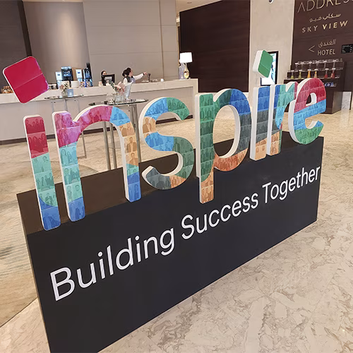 3D selfie sculpture mosaic display at a corporate event in Dubai with guest photos forming a 360-degree interactive art installation
