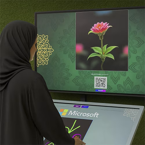 Guest using interactive screen for real-time AI painting at Dubai event, creating digital artwork with immersive technology experience by Mirror Booth Dubai