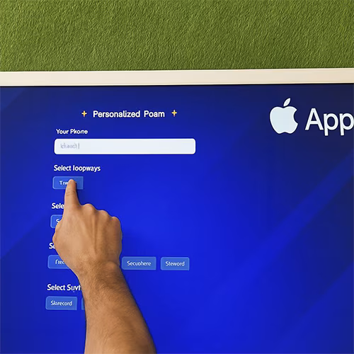 Young Emirati guest using AI Poem Generator kiosk in Dubai, creating personalized Arabic or English poem with instant printout and event branding