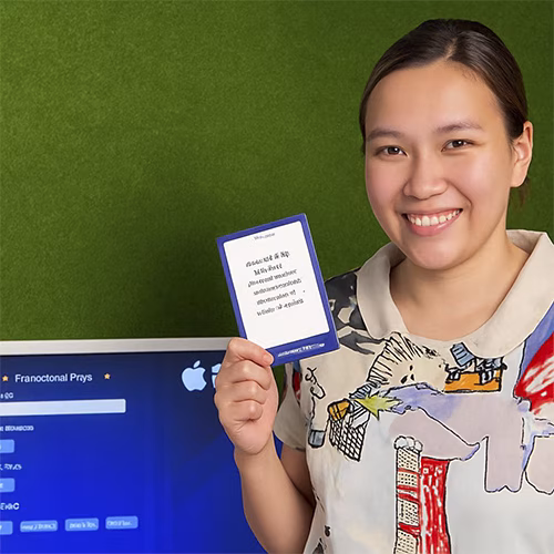 Young Emirati guest using AI Poem Generator kiosk in Dubai, creating personalized Arabic or English poem with instant printout and event branding