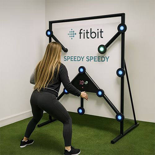 Woman playing Batak reaction game at a fitness event in Dubai, touching illuminated buttons to test her speed and reflexes. "Speedy Speedy" displayed on wall.