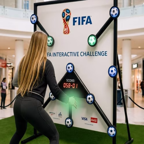 Woman playing Batak reaction game at a fitness event in Dubai, touching illuminated buttons to test her speed and reflexes. "Speedy Speedy" displayed on wall.