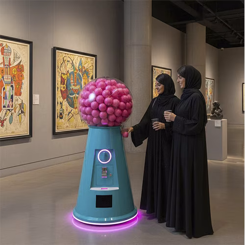 Interactive Gumball Machine at a Dubai brand activation event. Guests are playing and engaging with the sleek machine, creating memorable experiences.