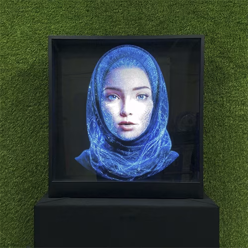 AI kiosk at an event features a digital display of a ai hologram woman in a blue hijab