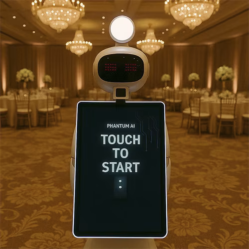 AI Robot Photo Booth at Dubai exhibition capturing branded, AI-enhanced photos for corporate event attendees in a vibrant, tech-driven setting