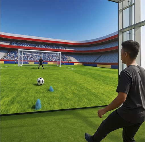 Guests playing a digital soccer penalty shootout game at an event, featuring real-time scoring, interactive gameplay, and customizable branding in the UAE