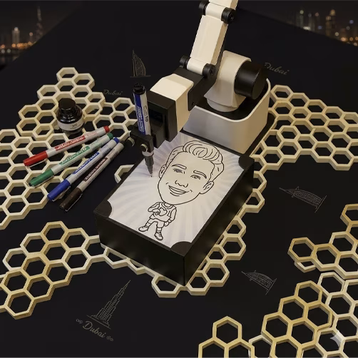 Sketch Robot creating a live AI caricature for a guest at a Dubai event, with fun mini-body themes and on-the-spot printing for branded souvenirs.