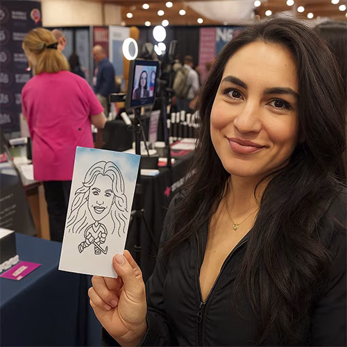 Sketch Robot creating a live AI caricature for a guest at a Dubai event, with fun mini-body themes and on-the-spot printing for branded souvenirs.
