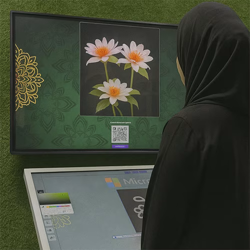 Guest using interactive screen for real-time AI painting at Dubai event, creating digital artwork with immersive technology experience by Mirror Booth Dubai