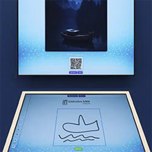 Guest using interactive screen for real-time AI painting at Dubai event, creating digital artwork with immersive technology experience by Mirror Booth Dubai