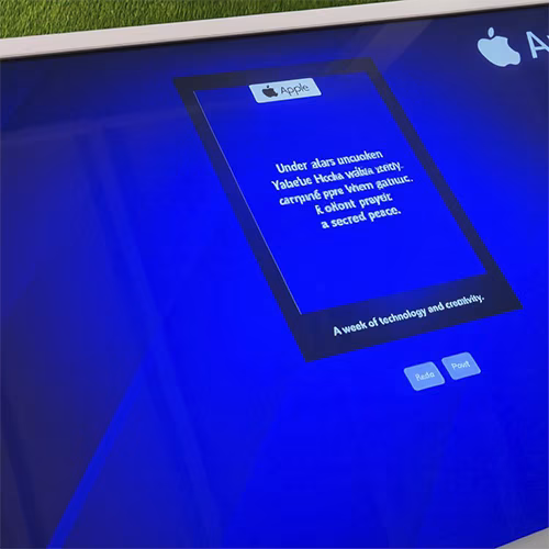 Young Emirati guest using AI Poem Generator kiosk in Dubai, creating personalized Arabic or English poem with instant printout and event branding