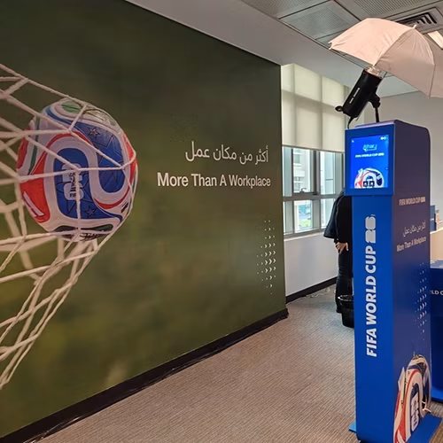 AI Trading Cards Photo Booth activation, printing custom personalized collectible cards for guests at a corporate event in Dubai