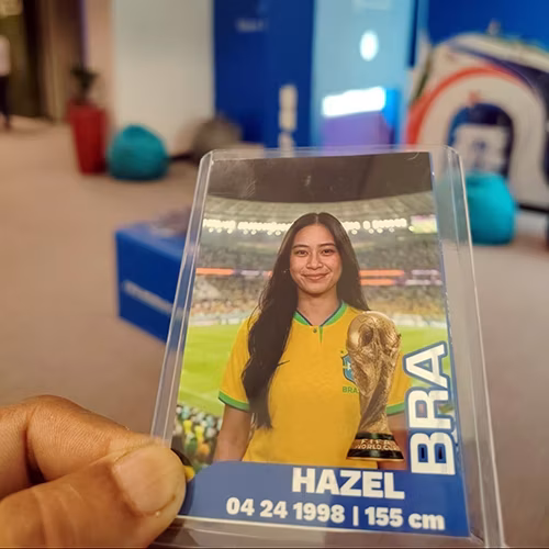 AI Trading Cards Photo Booth activation, printing custom personalized collectible cards for guests at a corporate event in Dubai
