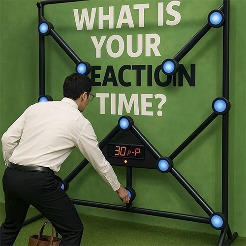 Woman playing Batak reaction game at a fitness event in Dubai, touching illuminated buttons to test her speed and reflexes. "Speedy Speedy" displayed on wall.