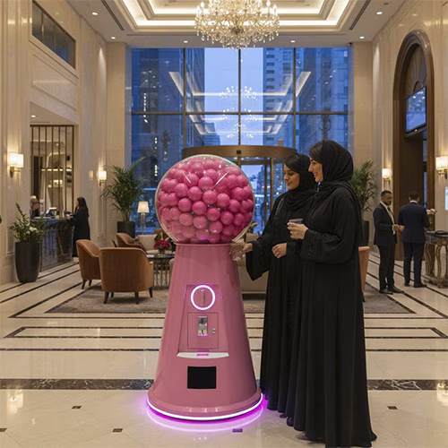 Interactive Gumball Machine at a Dubai brand activation event. Guests are playing and engaging with the sleek machine, creating memorable experiences.
