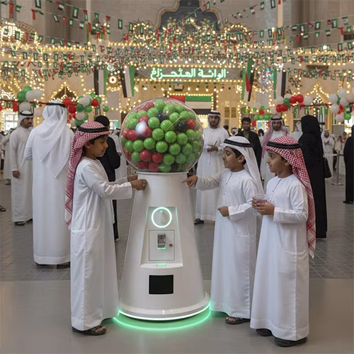 Interactive Gumball Machine at a Dubai brand activation event. Guests are playing and engaging with the sleek machine, creating memorable experiences.