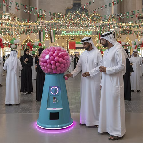 Interactive Gumball Machine at a Dubai brand activation event. Guests are playing and engaging with the sleek machine, creating memorable experiences.