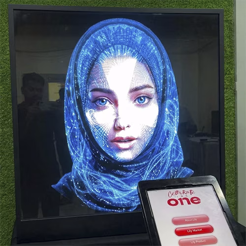 AI kiosk at an event features a digital display of a ai hologram woman in a blue hijab