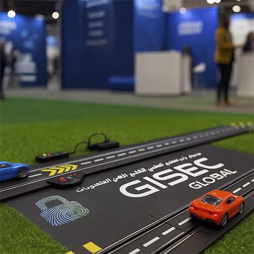 Guest wearing brainwave headband racing a slot car using mind control at a Dubai tech event. Interactive, hands-free game rental for events and exhibitions