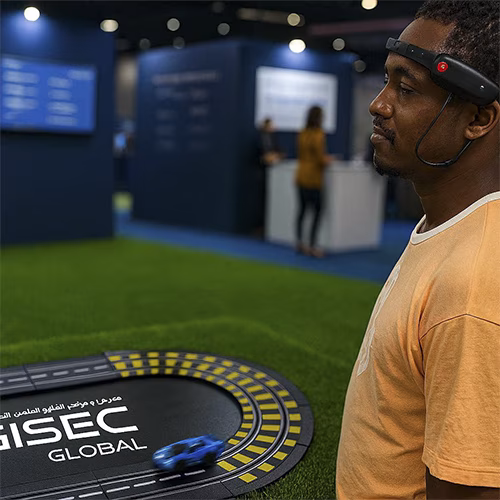 Guest wearing brainwave headband racing a slot car using mind control at a Dubai tech event. Interactive, hands-free game rental for events and exhibitions