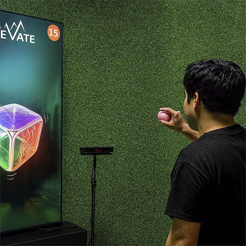 Guests playing Move Shake Pose AR game at a brand activation booth in Dubai event