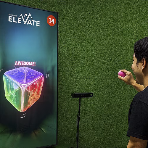 Guests playing Move Shake Pose AR game at a brand activation booth in Dubai event