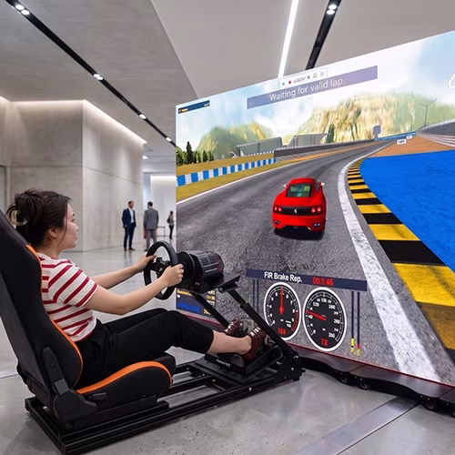Woman using a pro-grade racing simulator setup with a high-precision wheel, pedals, black bucket seat, and large video screen showing a sports car track experience.