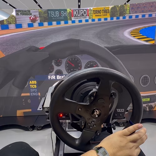 Woman using a pro-grade racing simulator setup with a high-precision wheel, pedals, black bucket seat, and large video screen showing a sports car track experience.