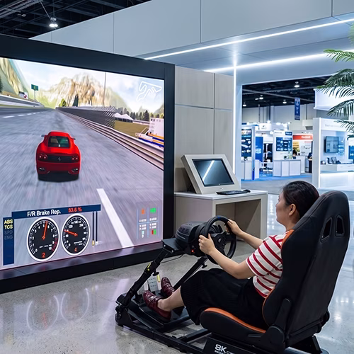 Woman using a pro-grade racing simulator setup with a high-precision wheel, pedals, black bucket seat, and large video screen showing a sports car track experience.