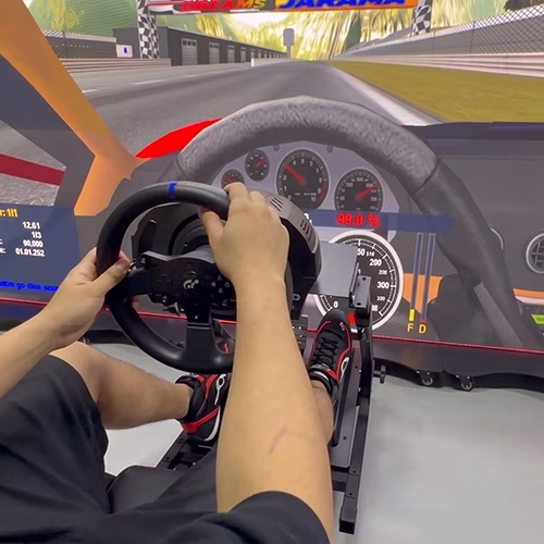 Woman using a pro-grade racing simulator setup with a high-precision wheel, pedals, black bucket seat, and large video screen showing a sports car track experience.