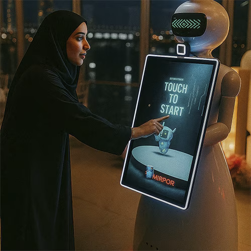 AI Robot Photo Booth at Dubai exhibition capturing branded, AI-enhanced photos for corporate event attendees in a vibrant, tech-driven setting