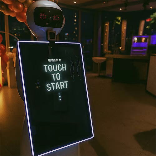 AI Robot Photo Booth at Dubai exhibition capturing branded, AI-enhanced photos for corporate event attendees in a vibrant, tech-driven setting