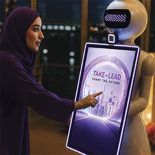 AI Robot Photo Booth at Dubai exhibition capturing branded, AI-enhanced photos for corporate event attendees in a vibrant, tech-driven setting