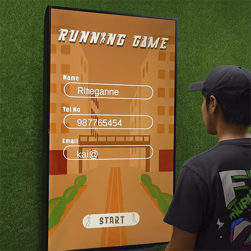 Player enjoying a motion runner game in Dubai, using full-body movement to jump and dodge obstacles. Interactive game rental
