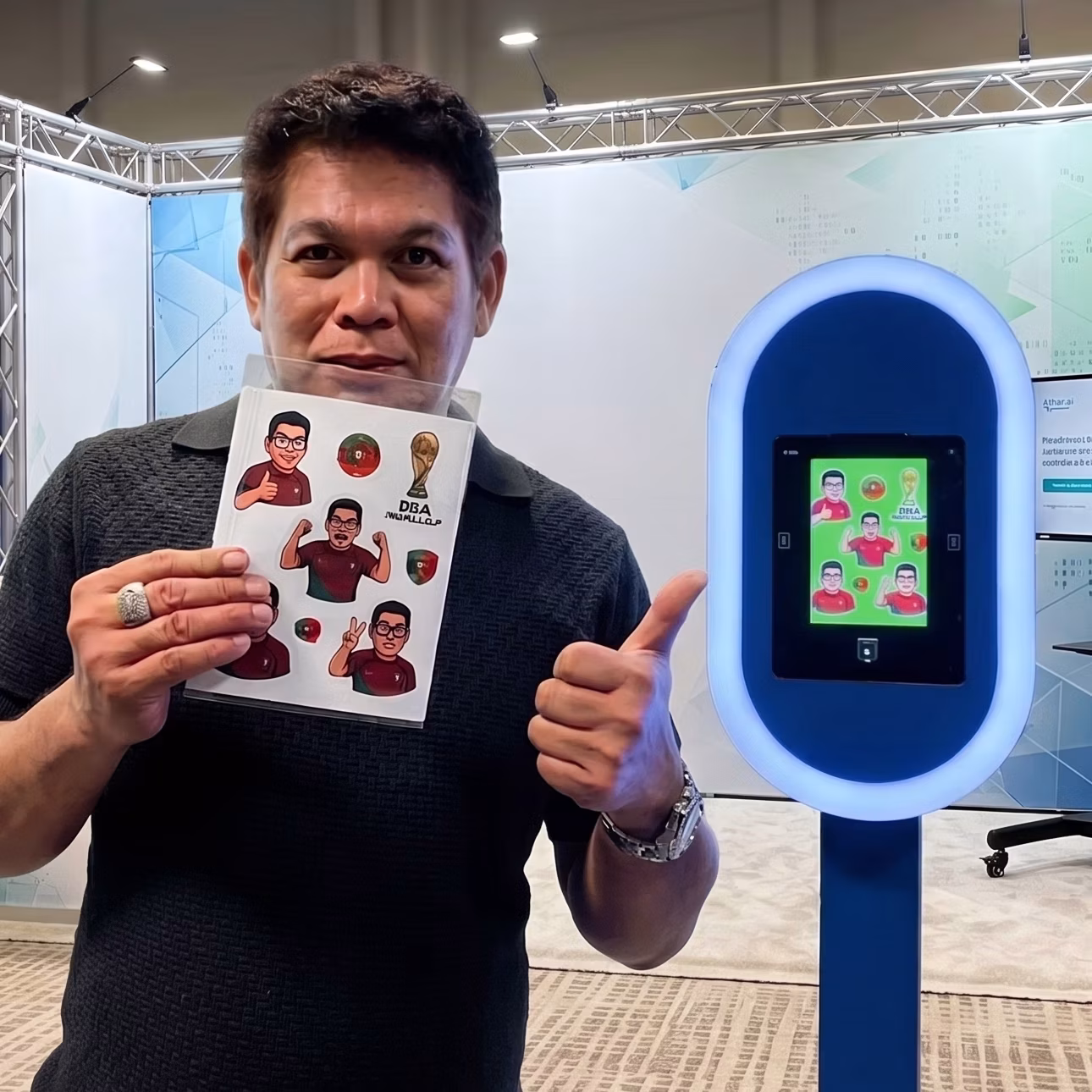Guest holding a custom-printed sheet of branded AI branded stickers at a Dubai corporate event