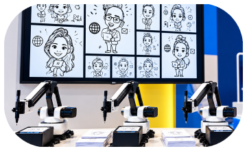 Sketch Robot creating a live AI caricature for a guest at a Dubai event, with fun mini-body themes and on-the-spot printing for branded souvenirs.