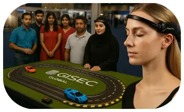 Guest wearing brainwave headband racing a slot car using mind control at a Dubai tech event. Interactive, hands-free game rental for events and exhibitions
