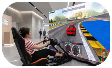 Woman using a pro-grade racing simulator setup with a high-precision wheel, pedals, black bucket seat, and large video screen showing a sports car track experience.
