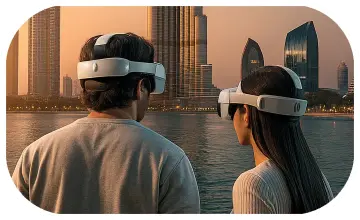 Emirati man wearing VR headset, immersed in virtual reality gaming experience, promoting VR game rental and development services by mirrorboothdubai.com in Dubai